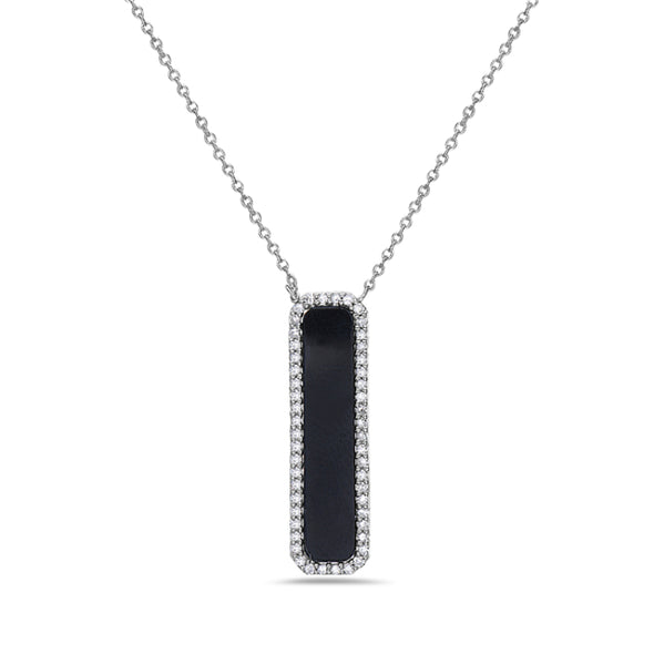 Onyx and Diamond Halo Vertical Bar Pendant