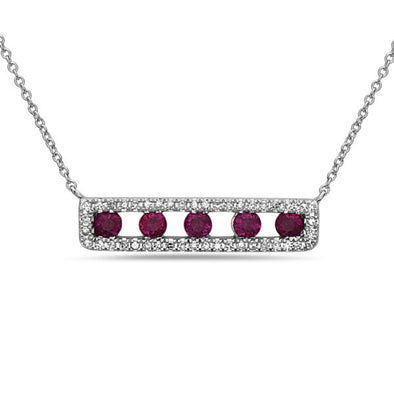 Ruby and Diamond Halo Open Horizontal Bar Design Necklace