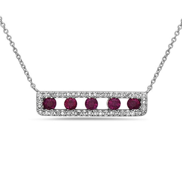 Ruby and Diamond Halo Open Horizontal Bar Design Necklace