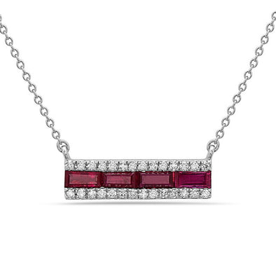 Baguette Ruby and Diamond Halo Horizontal Bar Necklace