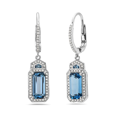 Emerald Shaped London Blue Topaz and Diamond Halo Dangle Earrings