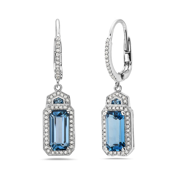 Emerald Shaped London Blue Topaz and Diamond Halo Dangle Earrings