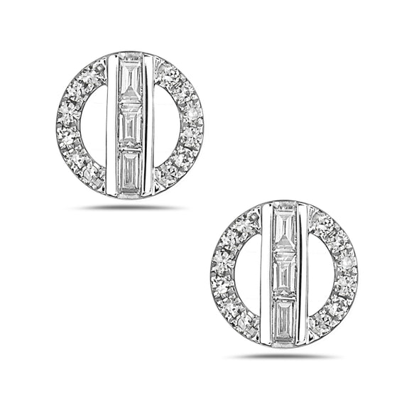 Baguette and Round Diamond Circle Design Stud Earrings