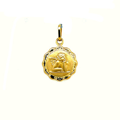 Tapered Edge Design Round Angel Medal - 14kt Yellow Gold