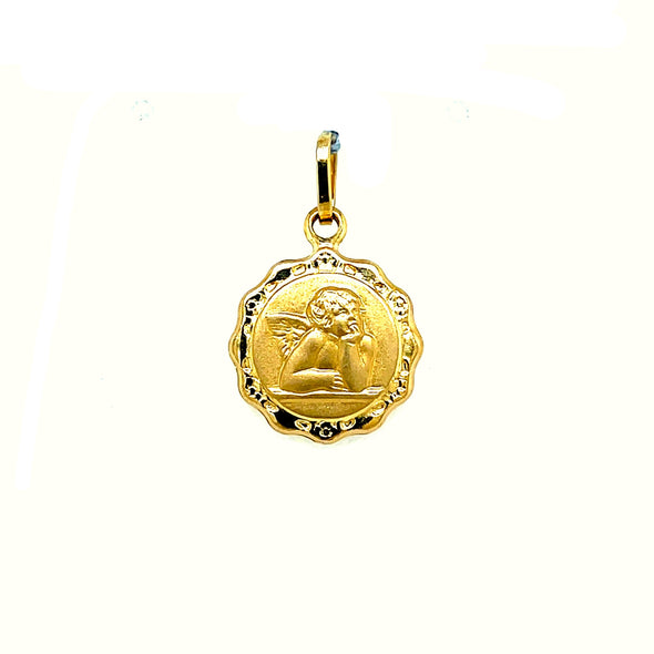 Tapered Edge Design Round Angel Medal - 14kt Yellow Gold