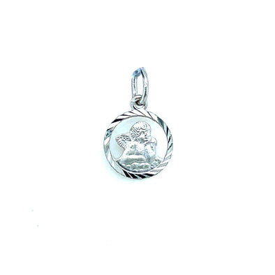 Open Detail Round Angel Medal - 14kt White Gold