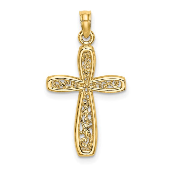 Filagree Detail Rounded Edge Cross - 14kt Yellow Gold