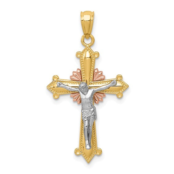 Fancy Flared Edge Crucifix - 14kt Tri Color Gold