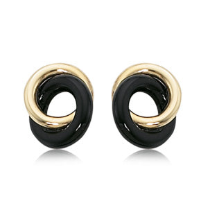 Black Onyx and Gold Knot Design Stud Earrings - 14kt Yellow Gold