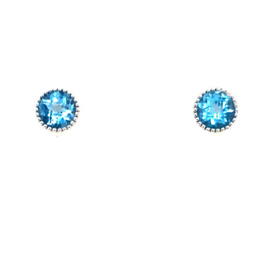 Round Blue Topaz and Milgrain Edge Stud Earrings