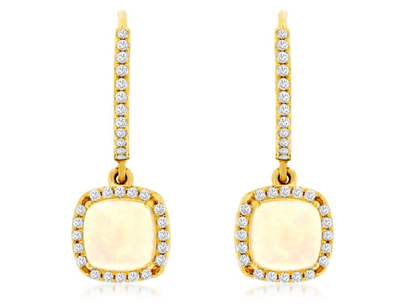 Cushion Opal and Diamond Halo Dangle Earrings