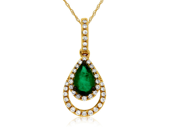 Emerald and Diamond Halo Open Teardrop Design Pendant