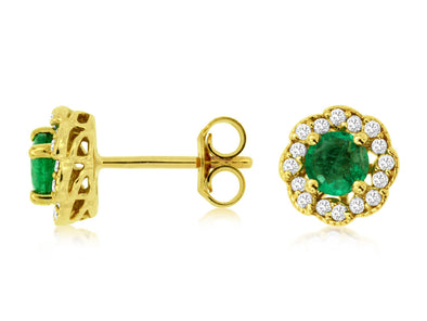 Emerald and Diamond Flower Design Stud Earrings