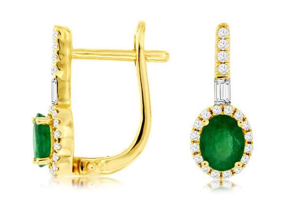 Oval Emerald and Diamond Halo Omega Back Earrings