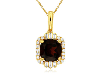 Garnet and Baguette and Round Diamond Halo Design Pendant