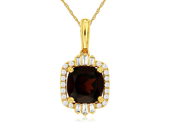 Garnet and Baguette and Round Diamond Halo Design Pendant