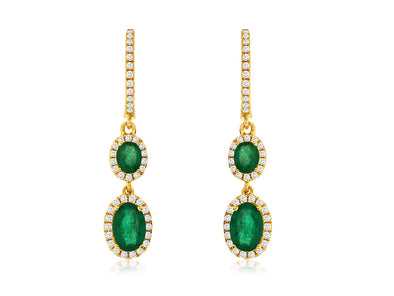 Double Emerald and Diamond Halo Dangle Earrings