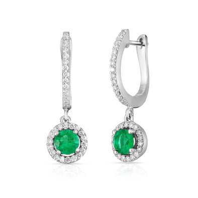 Emerald and Diamond Halo Dangle Earrings