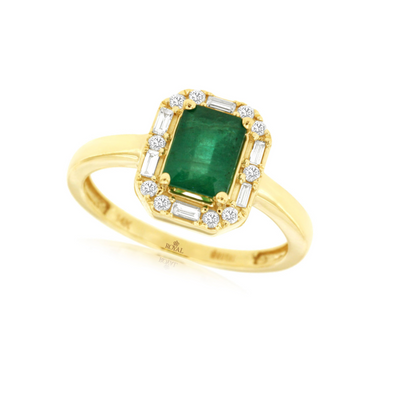 Emerald and Baguette and Round Diamond Halo Ring