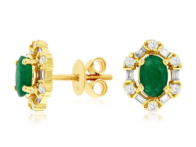 Emerald and Baguette and Round Diamond Halo Stud Earrings