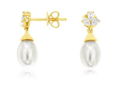 Pearl and Triple Diamond Accented Drop Earrings