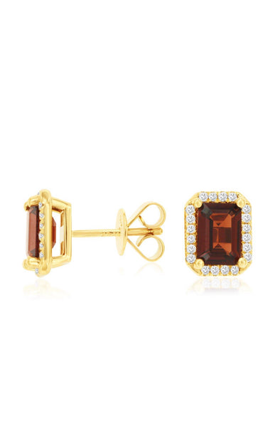 Emerald Cut Garnet and Diamond Halo Stud Earrings