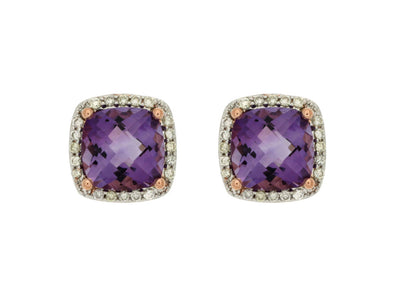 Cushion Amethyst and Diamond Halo Stud Earrings