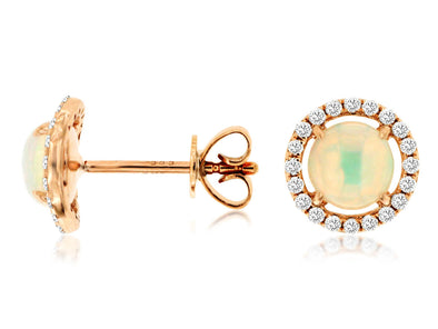 Round Opal and Diamond Halo Stud Earrings