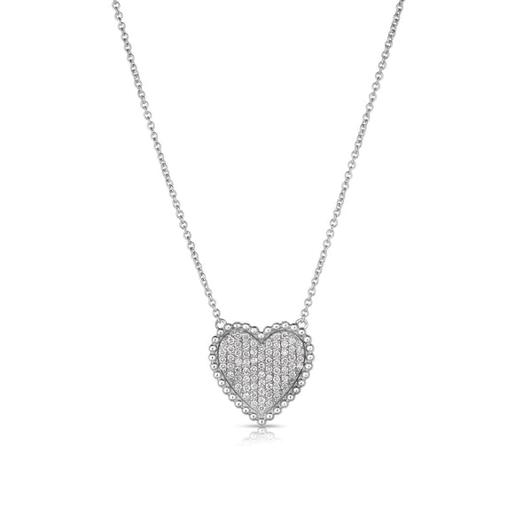 Pave Diamond Heart and Milgrain Edge Necklace