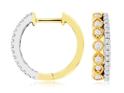 Bezel Set Diamond Accented Double Row Design Hoop Earrings