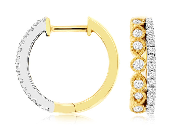 Bezel Set Diamond Accented Double Row Design Hoop Earrings