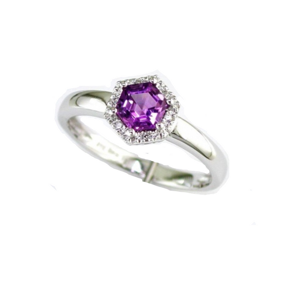 Amethyst and Diamond Halo Hexagon Ring