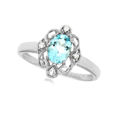 Vintage Style Aquamarine and Diamond Accented Halo Ring