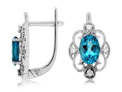 Vintage Style Blue Topaz and Diamond Open Halo Earrings