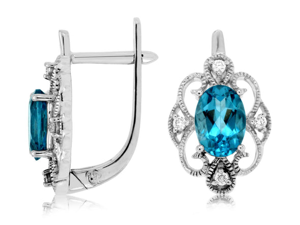 Vintage Style Blue Topaz and Diamond Open Halo Earrings