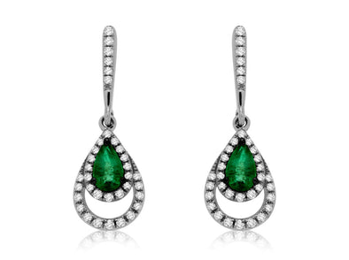 Emerald and Diamond Double Halo Dangle Earrings