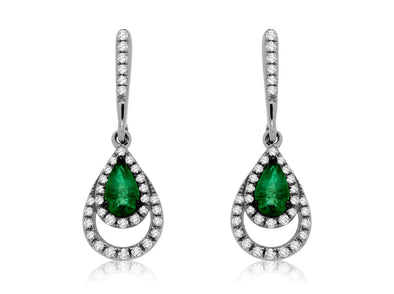 Emerald and Diamond Double Halo Dangle Earrings