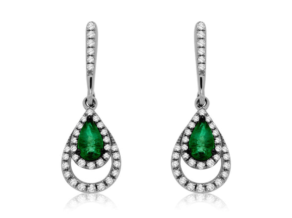 Emerald and Diamond Double Halo Dangle Earrings