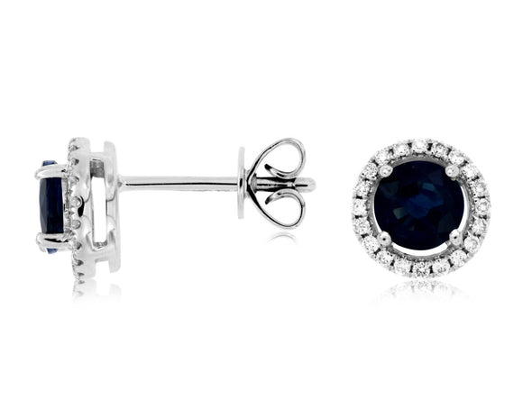 Round Sapphire and Diamond Halo Stud Earrings