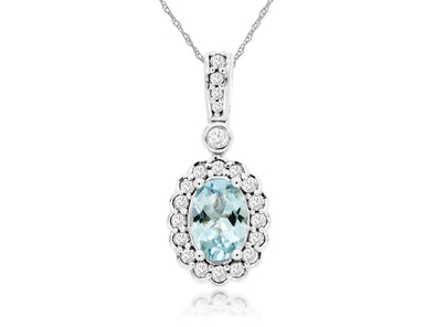 Oval Aquamarine and Diamond Halo Pendant