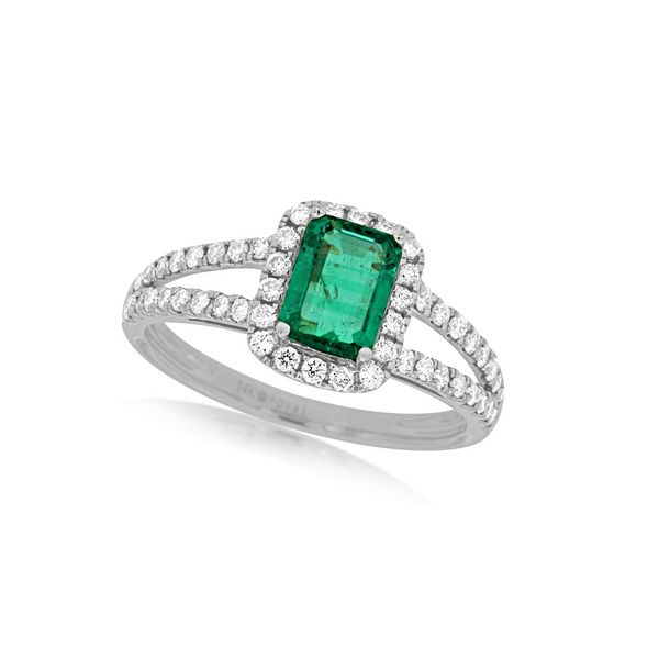 Emerald and Diamond Halo Split Shank Ring