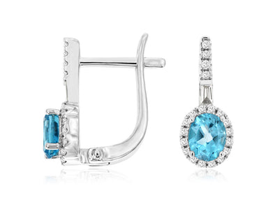 Oval Blue Topaz and Diamond Halo Omega Back Earrings