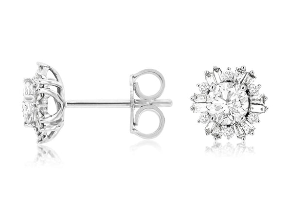 Round Diamond and Baguette Diamond Halo Stud Earrings