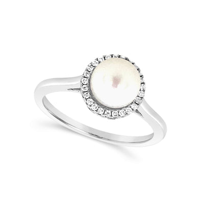 Cultured Pearl and Diamond Halo Ring