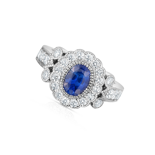 Oval Sapphire and Vintage Style Diamond Halo Ring
