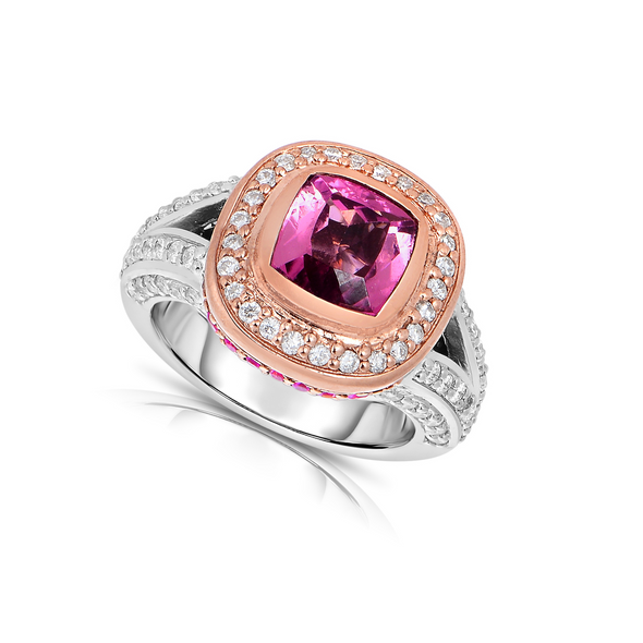 Pink Tourmaline and Diamond Halo Ring with Pink Sapphire Accents