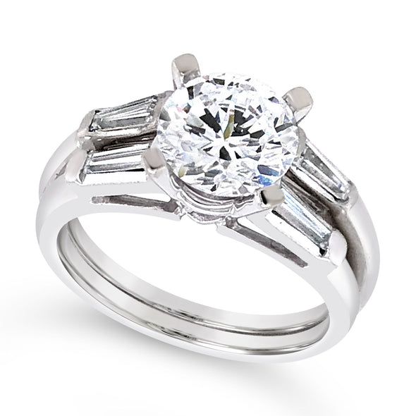 Platinum Baguette Diamond Engagement Mounting and Matching Wedding Band