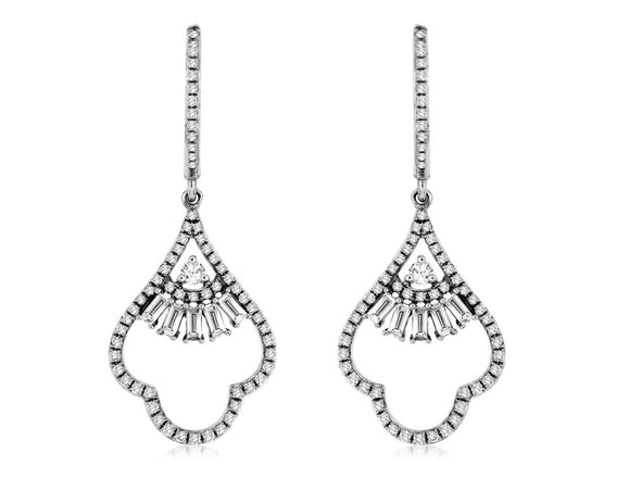 Baguette and Round Diamond Open Dangle Earrings