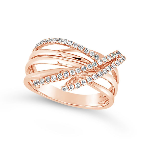 Three Row Diamond and Rose Gold Cross-Over Ring