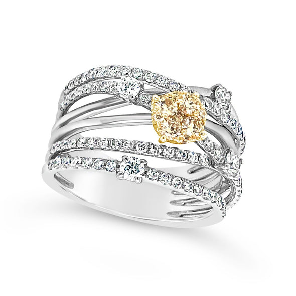 White and Yellow Diamond Cross-over Design Ring